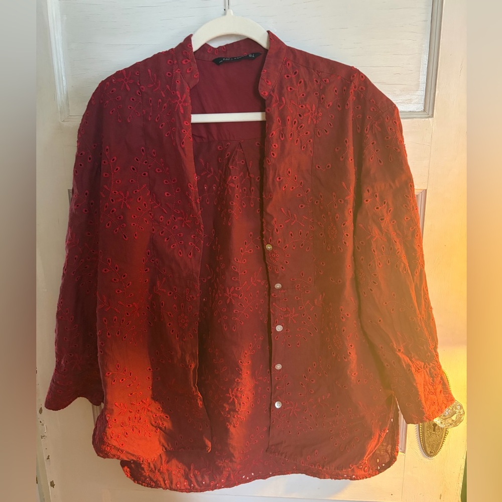 Zara Red Embroidered Button Down - Picture 2 of 8